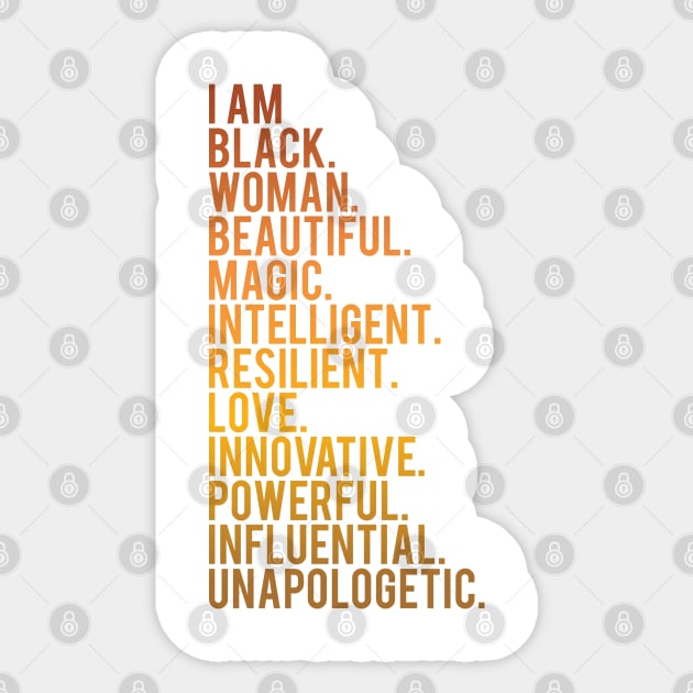 I Am Black, Woman, Beautiful. | African American | Black Lives | Black Women Matter Sticker by UrbanLifeApparel